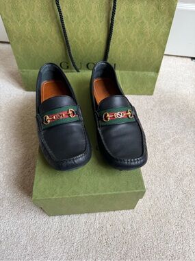 Gucci Black Leather Loafers with Green-Red Web & Gold Horsebit